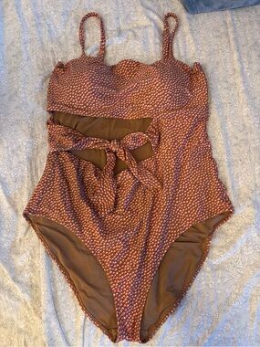 aerie brown and pink polka dot One-Piece Swimsuit size XL LONG